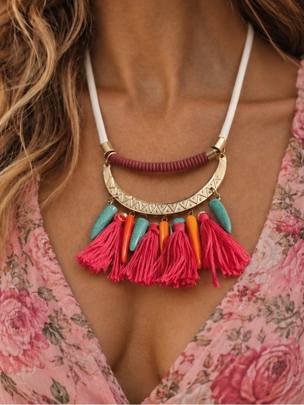 Boho Tassel Statement Necklace - Pink & Green